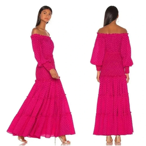 Alexis Thalssa Off The Shoulder Shirred Maxi Dress Fuchsia Dot - Picture 2 of 10